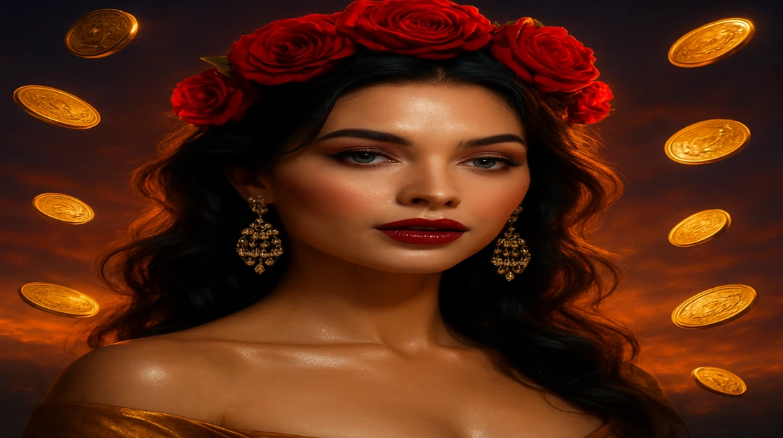 চমৎকার এক নারী, চকচকে গোলাপি টপ ও নান্দনিক জুয়েলারিতে সজ্জিত, একটি সমৃদ্ধ ট্রপিক্যাল-থিমা গেমিং প্ল্যাটফর্মে হাসিমুখে; 7C777-এ আরকেড গেমের রোমাঞ্চকর দৃশ্য ও সুর তাকে ঘিরে রয়েছে।