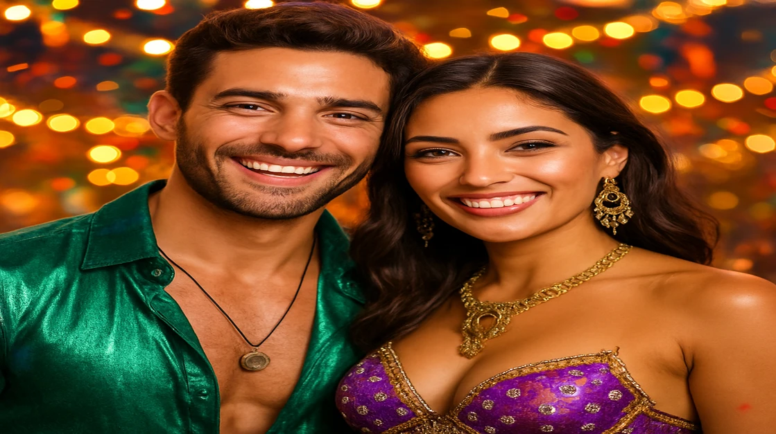একটি সুখী ও আকর্ষণীয় যুগল রঙিন কার্নিভাল পোশাকে একটি প্রাণবন্ত খোলা আকাশের উৎসবে উদযাপন করছে, 7C777 এ একসঙ্গে গেম খেলার মজা, সামাজিকতা ও উত্তেজনাপূর্ণ পরিবেশকে ধারণ করে।