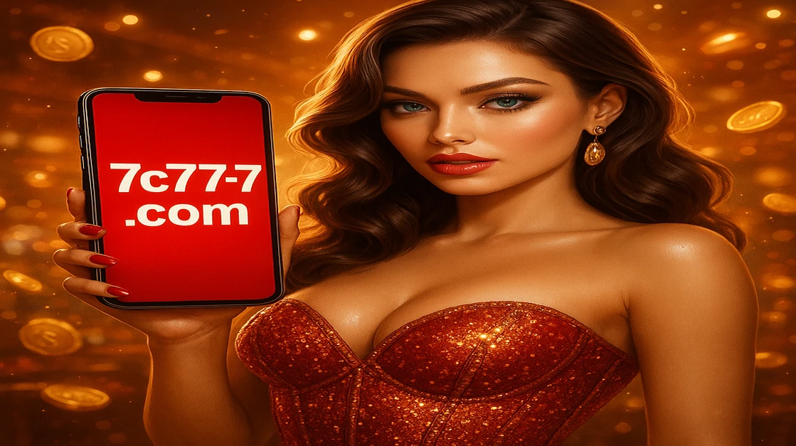 একজন শক্তিশালী নারী, বেগুনি চুলে ও পিস্তল হাতে, জ্বলন্ত আর্কেড গেমটির পাশে দাঁড়িয়ে আছে; 'লগইন' ডিসপ্লয় জ্বলছে, আপনি 7C777-এ সর্বোচ্চ-রোমাঞ্চকর অ্যাকশন-গেমে লগইন করতে প্রস্তুত।