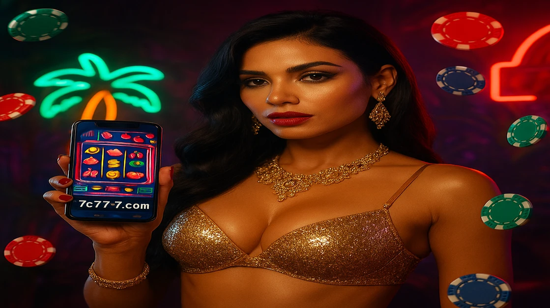একটি উষ্ণ-আবহাওয়ার ট্রপিক্যাল গেমিং প্ল্যাটফর্ম-সেটিংয়ে এক মনোমোহনীয় নারী 7C777 অ্যাপসহ স্মার্টফোনটি ধরেছেন; চারপাশে ক্রিপ্টো-ধাঁচের সোনালি মুদ্রা পড়ছে, আধুনিক ও রোমাঞ্চকর গেমিং প্ল্যাটফর্মটির আলো বাড়িয়ে তুলে।